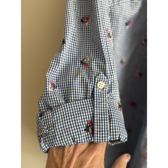 Talbots Floral Embroidered Gingham Blue White Check Roll Tab Sleeve Shirt Large - Picture 7 of 11